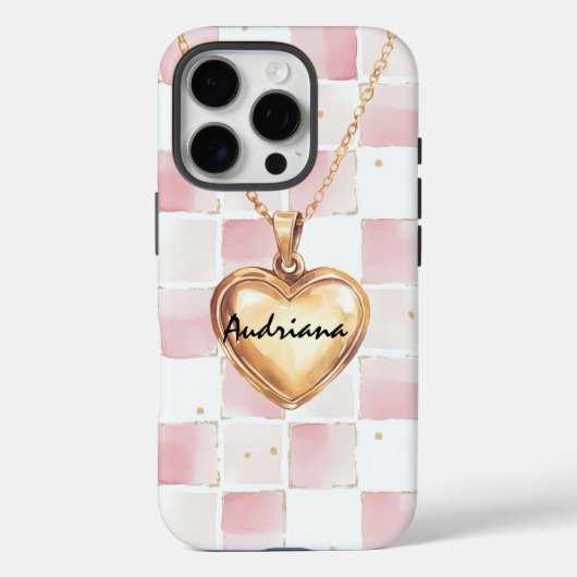 Gold Heart Necklace Pink White Squares Case-Mate iPhone Hülle (Rückseite)