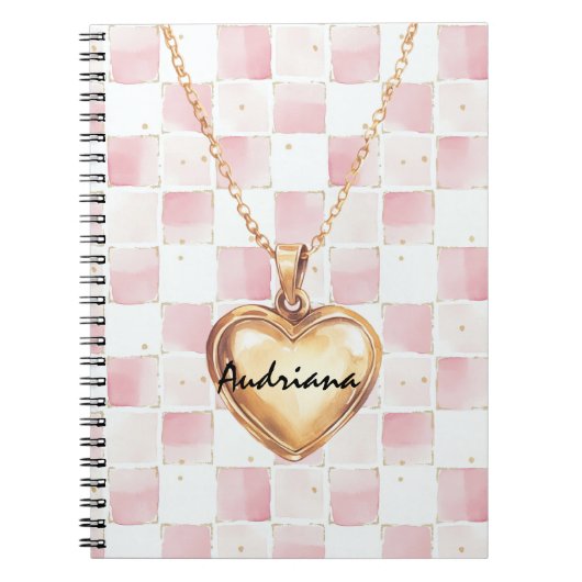 Gold Heart Necklace Pink White Squares Notizblock (Vorderseite)