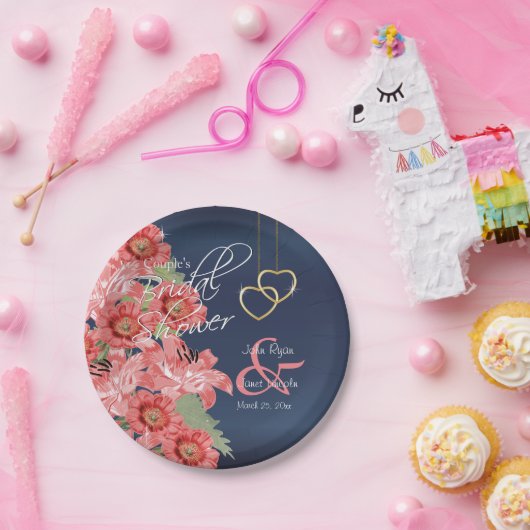 Gold Heart on Coral & Navy Satin Pappteller (Party)