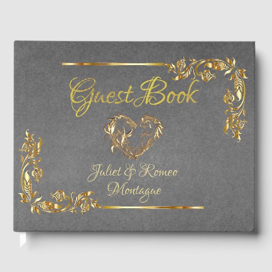 Gold Heart on Grey with Gold Border Gästebuch (Vorderseite)
