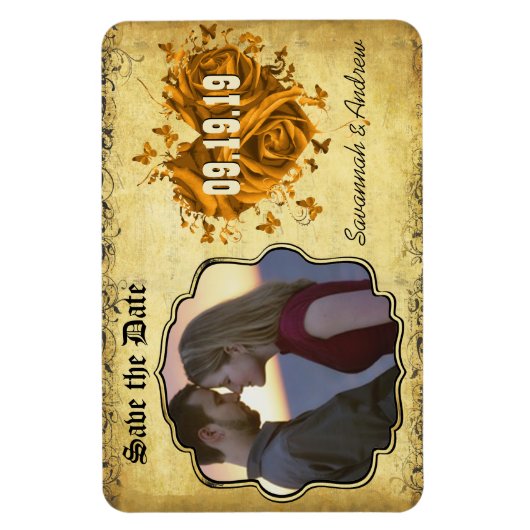 Gold Heart Rose & Buttterfliegen Save the Date Magnet (Vertikal)