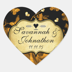 Gold Heart Rosen & Schmetterlinge Hochzeit Herz-Aufkleber