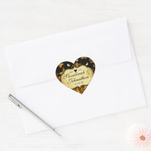 Gold Heart Rosen & Schmetterlinge Hochzeit Herz-Aufkleber