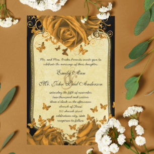 Gold Heart Rosen & Schmetterlinge Hochzeits-Einlad Einladung