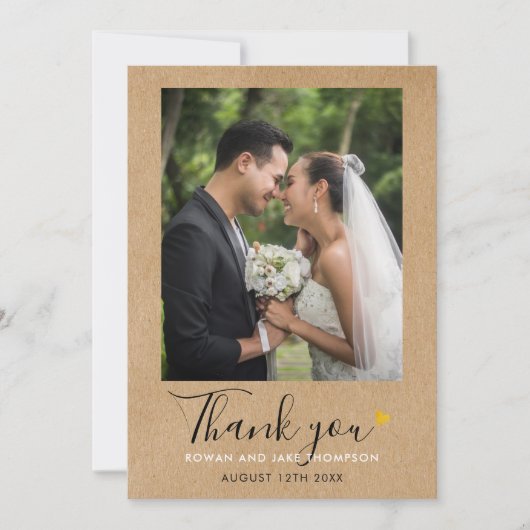 Gold Heart Script Rustic Kraft Wedding Foto Dankeskarte (Vorderseite)