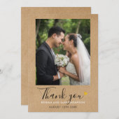 Gold Heart Script Rustic Kraft Wedding Foto Dankeskarte (Vorne/Hinten)
