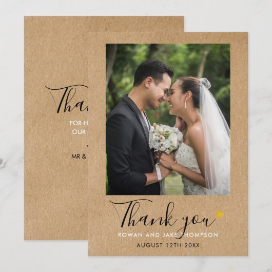 Gold Heart Script Rustic Kraft Wedding Foto Dankeskarte (Vorne/Hinten)