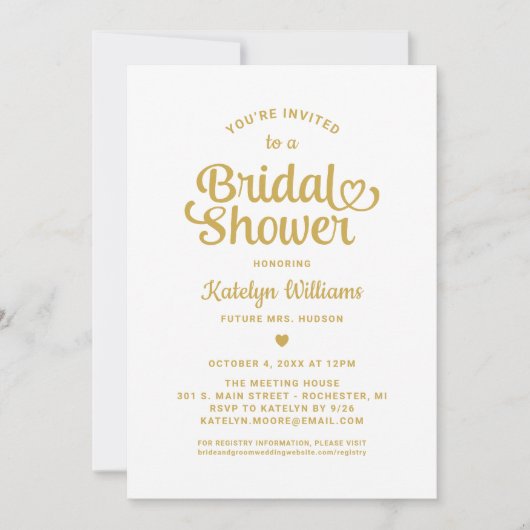 Gold Heart Script Wedding Brautparty Einladung (Vorderseite)