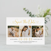 Gold Heart Script Wedding Foto Save the Date Folieneinladung (Stehend vorne)