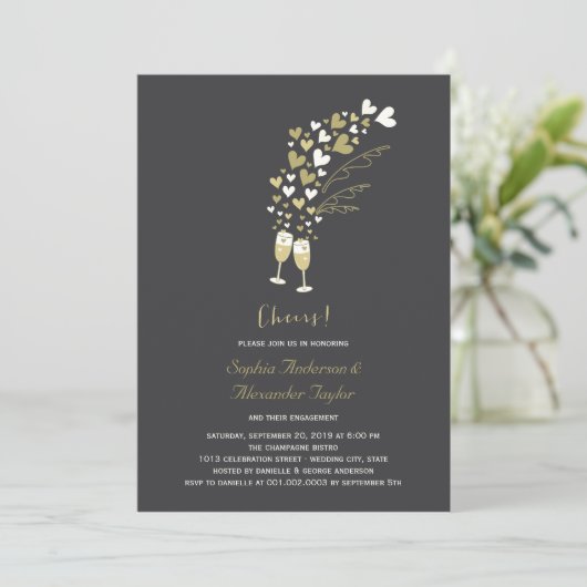 Gold Hearts and Champagne Cheers Engagement Party Einladung (Stehend Vorderseite)