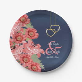 Gold Hearts auf Korallen & Navy Satin Pappteller