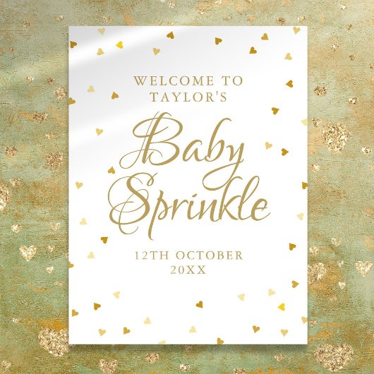 Gold Hearts Baby Dusche Sprinkle Begrüßungszeichen Poster