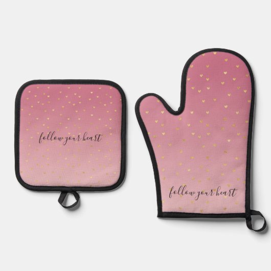 Gold Hearts Blush Pink Ombre Ofenhandschuh & Topflappen-Set (Vorderseite)