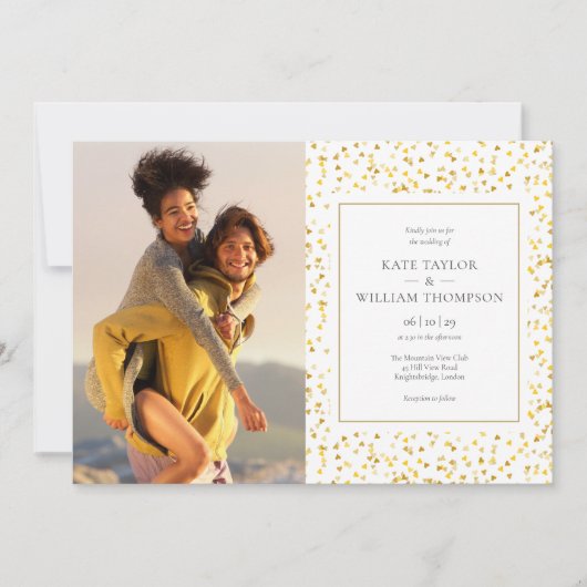 Gold Hearts Confetti Fotos Hochzeit Einladung (Vorderseite)