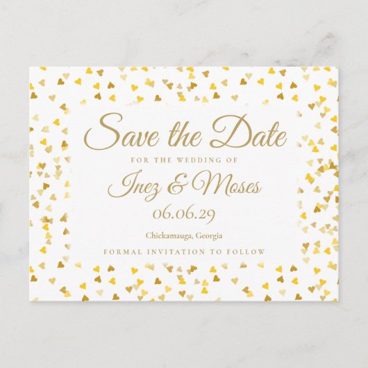 Gold Hearts Confetti Save the Date Ankündigungspostkarte (Vorderseite)