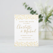 Gold Hearts Confetti Save the Date Postkarte (Stehend Vorderseite)