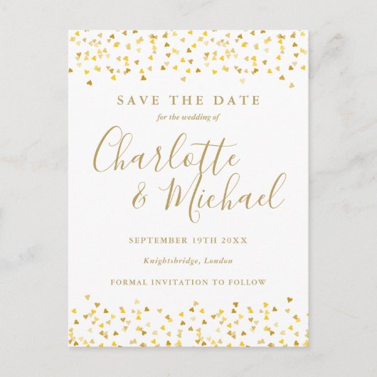 Gold Hearts Confetti Save the Date Postkarte (Vorderseite)