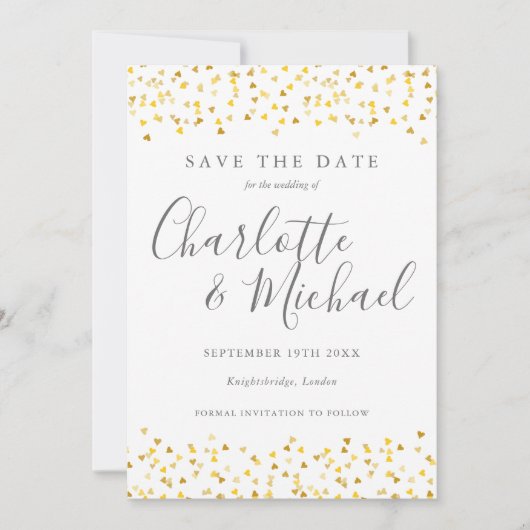 Gold Hearts Confetti Script-Foto Save The Date (Vorderseite)