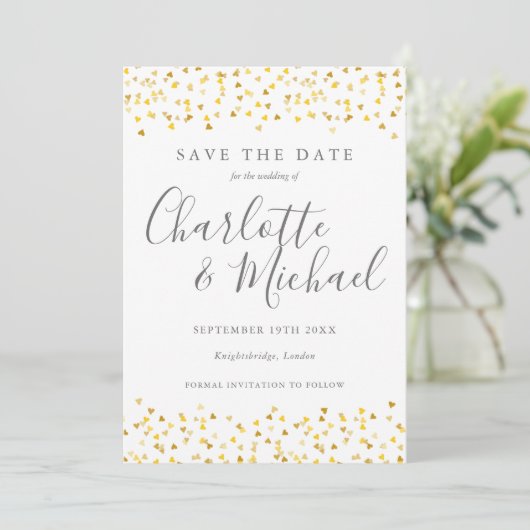 Gold Hearts Confetti Script-Foto Save The Date (Stehend Vorderseite)