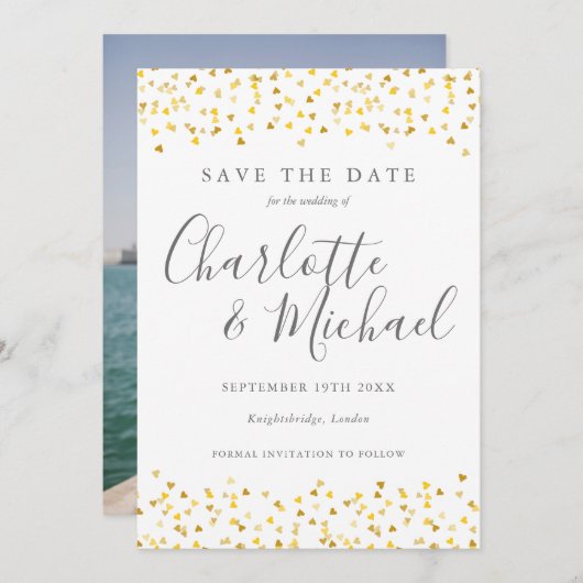 Gold Hearts Confetti Script-Foto Save The Date (Vorne/Hinten)