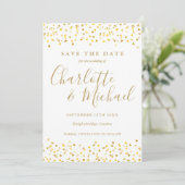 Gold Hearts Confetti Script Foto Wedding Save The Date (Stehend Vorderseite)