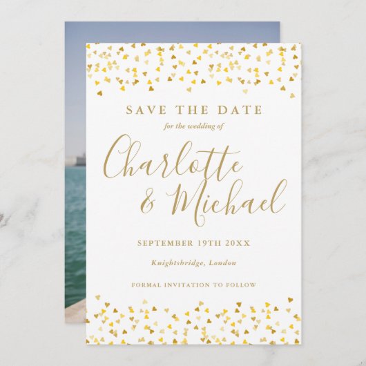 Gold Hearts Confetti Script Foto Wedding Save The Date (Vorne/Hinten)