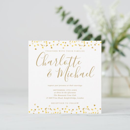 Gold Hearts Confetti Script Wedding Square Einladung (Stehend Vorderseite)