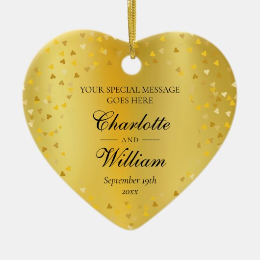 Gold Hearts Confetti Wedding Custom Monogram Keramik Ornament (Vorne)