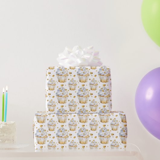 Gold Hearts Cupcakes Birthday Geschenkpapier (Partygeschenke)