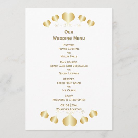 Gold Hearts Design Hochzeit Menükarte (Vorderseite)