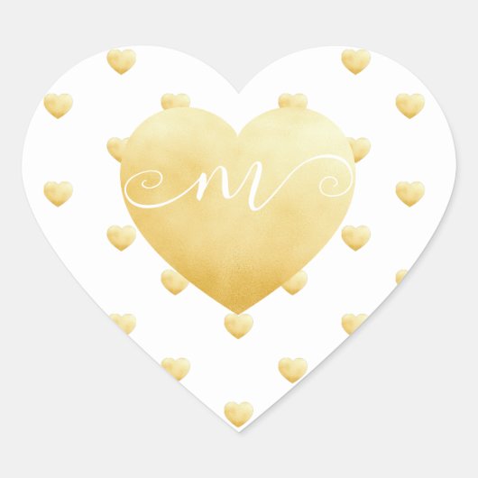 Gold Hearts DIY White Monogram Herz-Aufkleber (Vorderseite)