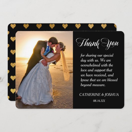 Gold Hearts Foto Hochzeit Vielen Dank Dankeskarte (Vorne/Hinten)