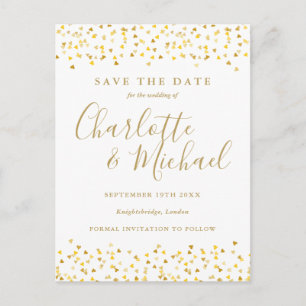 Gold Hearts Konfetti Save The Date Postkarte