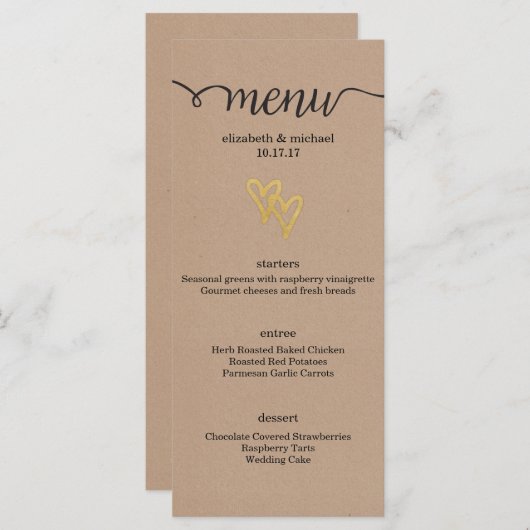 Gold Hearts Kraft Wedding Menu Menükarte (Vorne/Hinten)