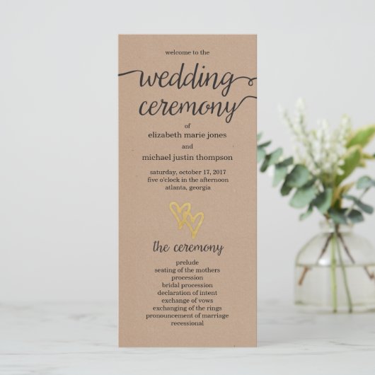 Gold Hearts Kraft Wedding Program Programm (Stehend Vorderseite)