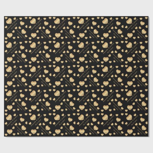 Gold Hearts on Black Geschenkpapier (Flach)