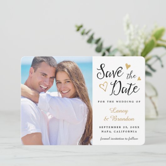 Gold Hearts Schwarz-weiß Ankündigung Datum freihal (Stehend Vorderseite)