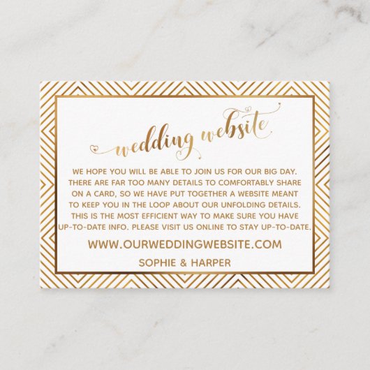 Gold Hearts Script auf der White Wedding Website Begleitkarte (Vorderseite)