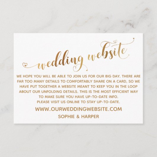 Gold Hearts Script auf der White Wedding Website Begleitkarte (Vorderseite)