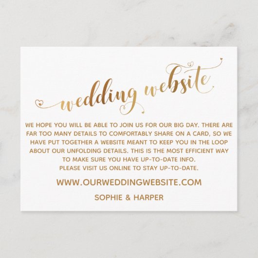 Gold Hearts Script auf der White Wedding Website Postkarte (Vorderseite)