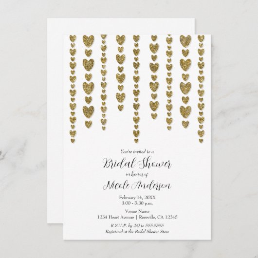 Gold Hearts Valentine Brautparty Einladung (Vorne/Hinten)