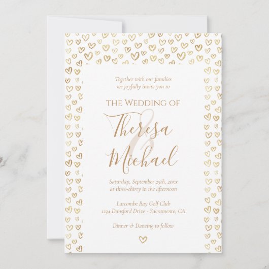 Gold Hearts Wedding Einladung (Vorderseite)