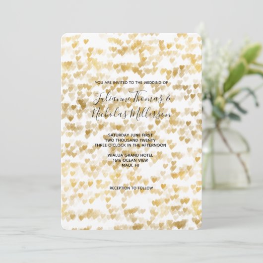 Gold Hearts Wedding Invites Einladung (Stehend Vorderseite)