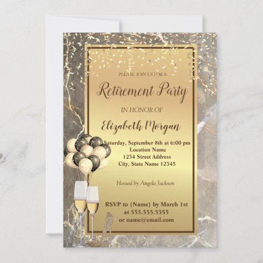 Gold-Heelse, Glas, Ballons, Marmorruhestand-Party Einladung (Vorderseite)