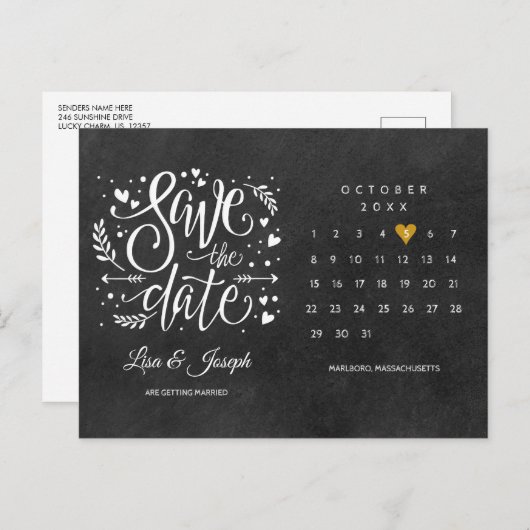 Gold Heft Chalkboard Save the Date Kalender Ankündigungspostkarte (Vorne/Hinten)