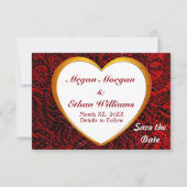 Gold Heft Rahmen & Red Fabric Muster Couple Save The Date (Vorderseite)