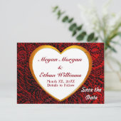 Gold Heft Rahmen & Red Fabric Muster Couple Save The Date (Stehend Vorderseite)