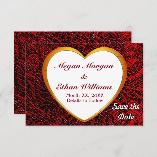 Gold Heft Rahmen & Red Fabric Muster Couple Save The Date (Vorne/Hinten)