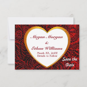 Gold Heft Rahmen & Red Fabric Muster Couple Save The Date