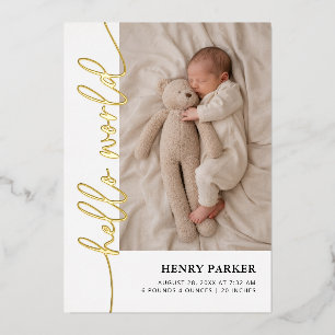 Gold Hello World Baby Foto Geburtsanzeige Folieneinladung